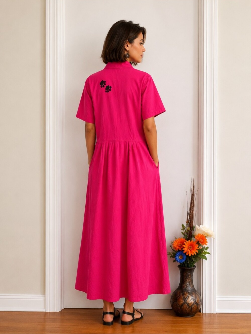 Vintage Iris 80's Colourful Pink Cat Print Maxi Dress | 100% Cotton Pockets Tall - Picture 3 of 10